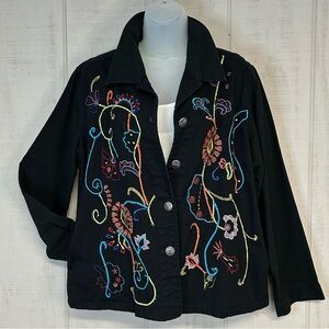 Womens Vintage Embroidered‎ Jacket Size L Buttons Denim Art to Wear Black Boho